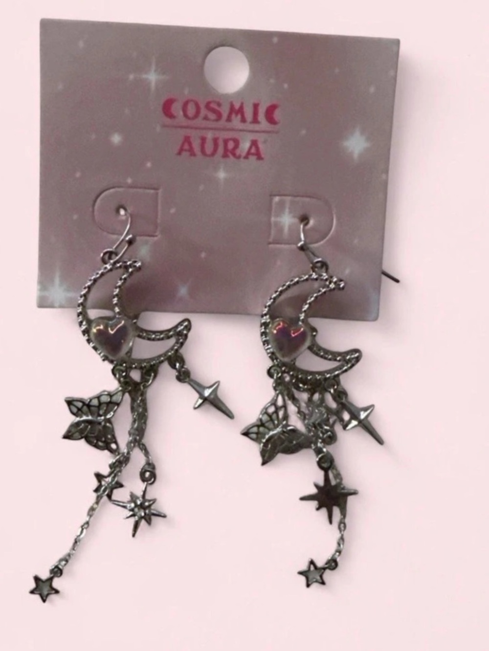 Cosmic Aura Fairy Crescent Moon Stars Crystal Silver Drop Dangle Earrings